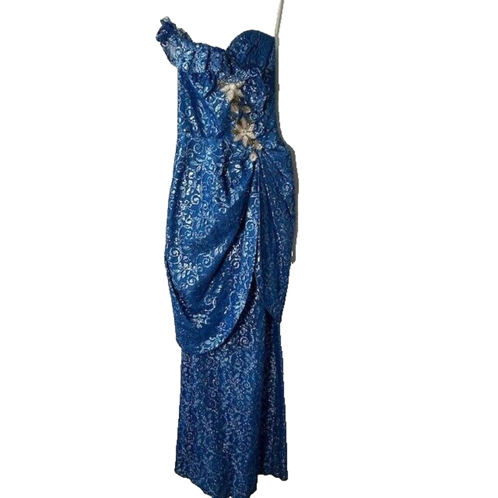 Vtg Loralie Sequined Tulip Maxi Dress Strapless Floral Sweetheart Blue Size 3/4